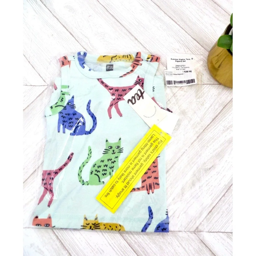 NEW! Tea Collection Summer Nights Tank Pajama Set Colorful Cats SZ 12-18 M